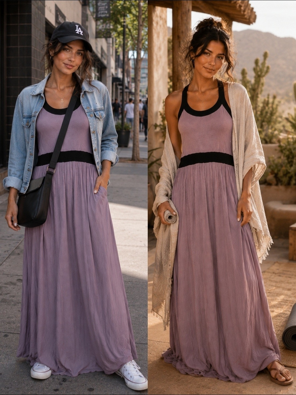 Athleta Maxi Dress XL Tall Mauve Black Built-In Bra Racerback Travel Lounge - Picture 3 of 8